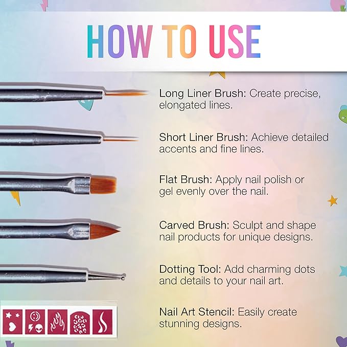 Salon Perfect Nail Art Brushes Set, 5-Piece Nail Art Design Pen Painting Tools with Nail Art Stencils, Includes Liner Brush, Flat, Carved Brushes, Dotting Pen, and Storage Case