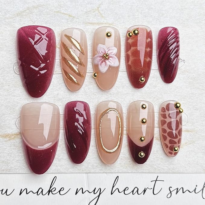 Press on Nails Medium Almond French Tip, 30 Pcs Handmade 3D Flowers Gold Lines Embossed Designs, Glossy Nude Fake Nails, Reusable Glue On Nails, Full Cover Acrylic Nails for Women Brown