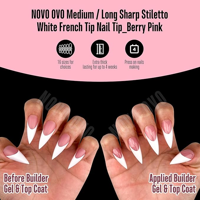 NOVO OVO White French Tip Sharp Stiletto Pointed Medium Long Nail Tips Press on Berry Pink, Soft Gel Fake Acrylic Extension, Full Cover False Nails for Salon DIY x 16 Sizes 160 pcs