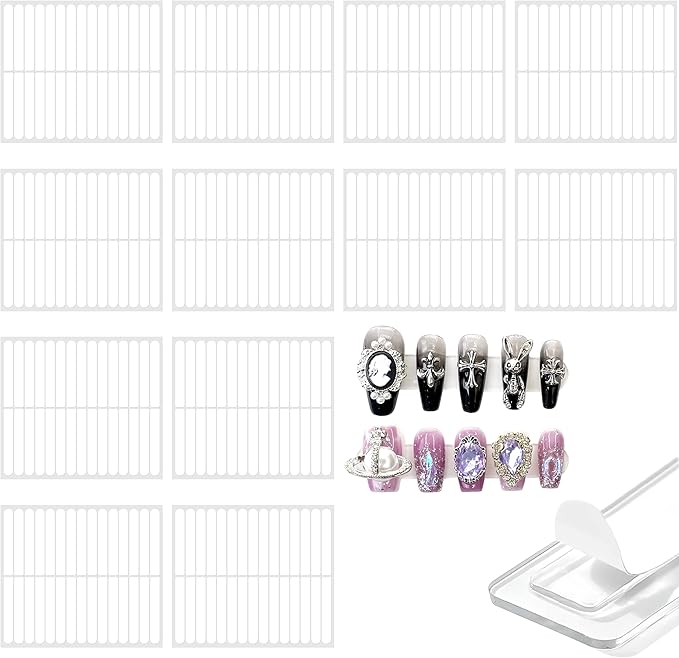 12 Sheets Double Sided Nail Tape for Press on Nails, Clear Adhesive Mounting Tapes for Nail Packaging Nail Design Salon Supplies Colors Designs Showcase (White)