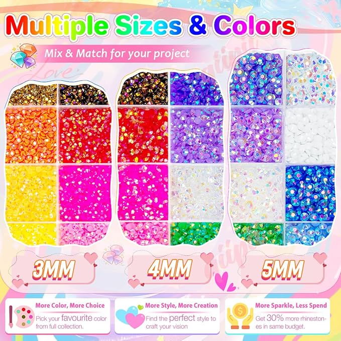 3 Boxes 24 Color 3mm 4mm 5mm Jelly Resin Rhinestones Flatback Colorful Stones Gems Diamonds Charms for Nails Face Makeup Bedazzling Crafting Tumblers Bottles DIY Crafts Clothes Shoes Phones