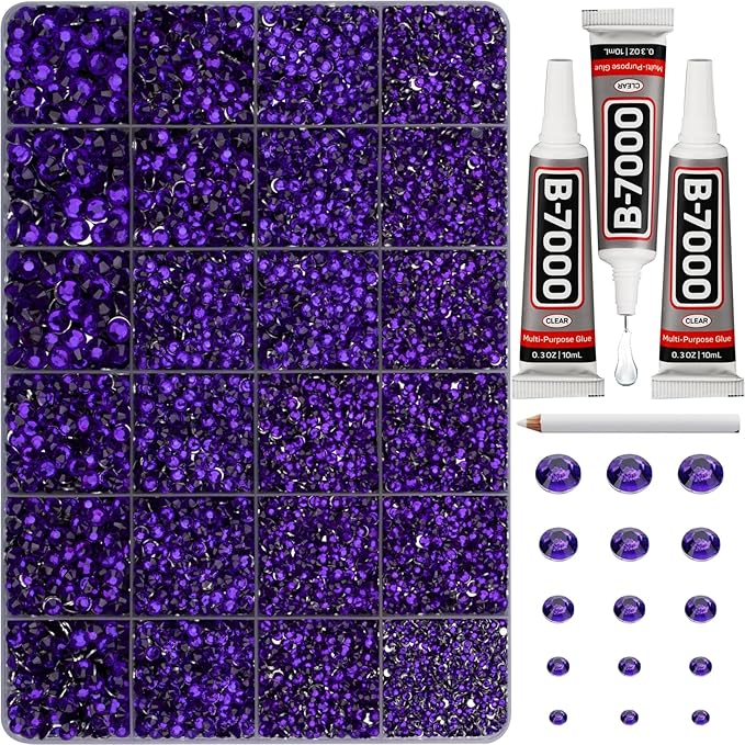 33000Pcs Purple Rhinestones for Bedazzling, Bedazzler Kit with Flatback Craft Rhinestones Dark Purple Bulk and B7000 Glue, 2,3,4,5,6mm Resin Flat Back Crystals for Craftings, Clothes, Shoes, Nails