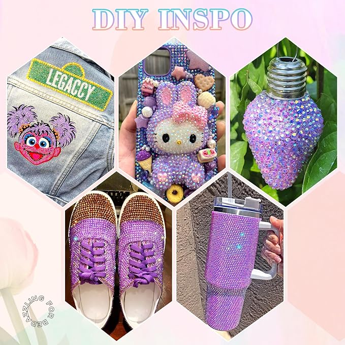 25000Pcs Resin Rhinestones with B7000 Jewelry Glue for Crafting, Lavender Purple AB 2-6mm Non Hotfix Flatback Gems, Bedazzling Crystal for DIY Crafts Clothing Tumblers Mugs Shoes Fabric Decor Nail Art