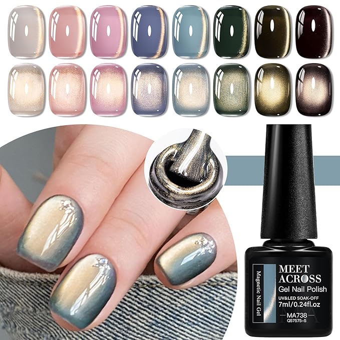 MEET ACROSS 8PCS/SET Light Golden Magnetic Gel Nail Polish Kit, Semi-Permanent Soak Off LED, Super Bright Cat Eye Series Nail Art Gift for Women