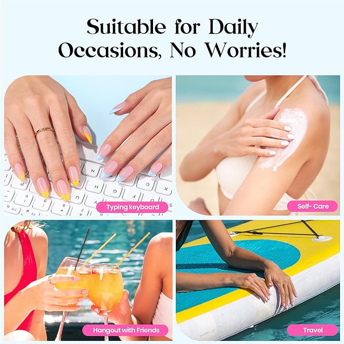 Beetles X Press Summer Nails Kit: Medium Almond French Tip Press On Nails Kit With 7 Colors 224Pcs Rainbow Nail Tips Nail Glue & Builder Top Coat Mini UV Light, All-in-One DIY Gift For Women 16 Sizes