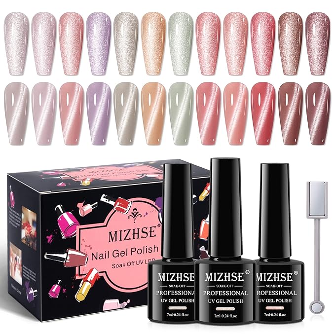 MIZHSE Cat Eye Gel Nail Polish, 12 Basic Colors Collection Velvet Magnetic Gel Polish Polish, Sparkle Shimmery Glitter Nude Pink Brown Soak Off Nail Art Manicure Kit Valentine's Gift