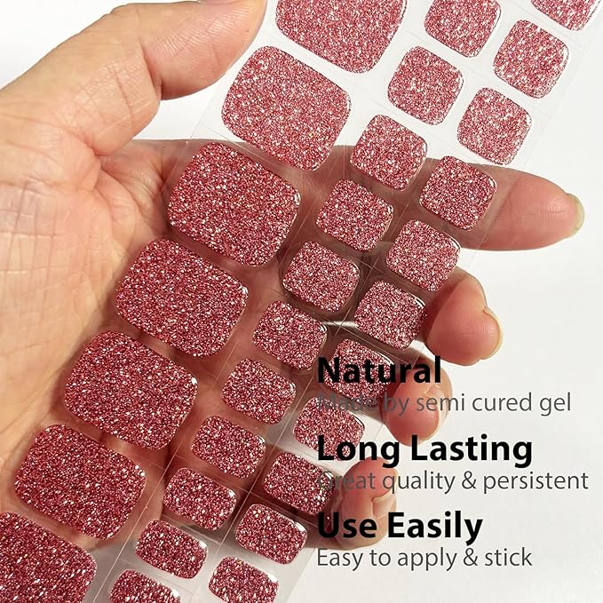 34 Pcs Semi Cured Gel Toe Nail Strips Coral Orange Glitter Gel Nail Stickers Full Cover Glitter Nails Wraps Self Adhesive Toe Nails Polish Strips Stickers for Women UV/LED Light Required