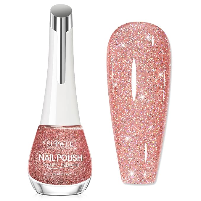 Quick Dry Glitter Nail Polish, 16ml Fast Drying Nail Polish Non Gel Shimmer Finger Nailpolish, Air Drying, Oil-based, Iridescent, Chip Resistant, Vegan, Streak, Long Lasting
