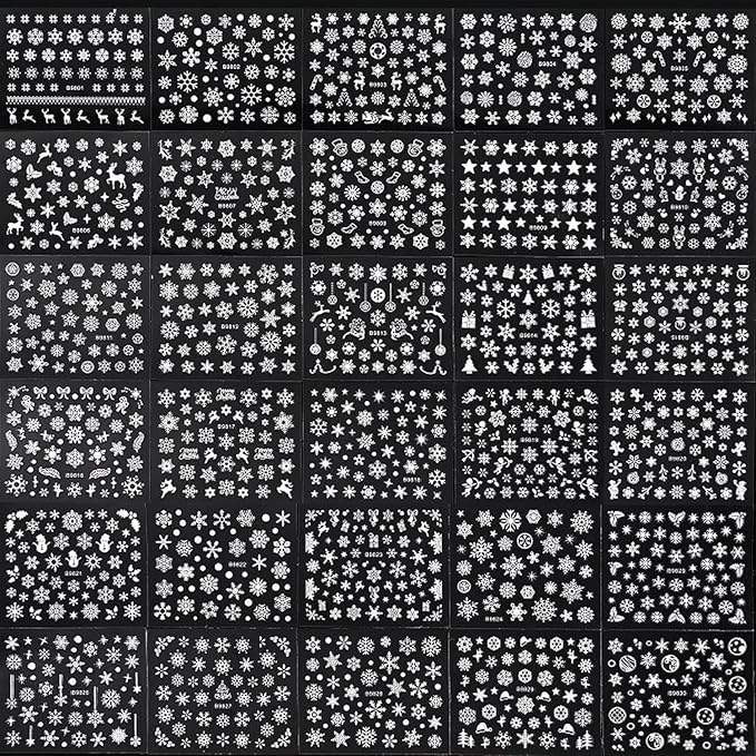 30 Sheet Christmas Nail Art Stickers with 3D Self-Adhesive Snowflake Design for Winter Nail Decals and Elk Themed Art. White Design for Women