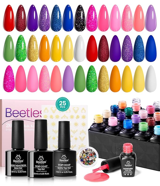 Beetles Gel Nail Polish Set - 20 Colors Pink White Black Yellow Red Glitter UV Led Gel Polish Kit with Nail Stickers Nail Rhinestones 3Pcs Base Top Coat Gift for Women Girls