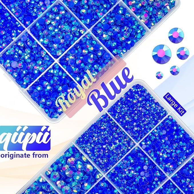 Royal Blue AB Resin Rhinestones w B7000 Glue for Bedazzling Crafting 2-6mm Dark Blue Flatback Jelly Stones Diamonds Gems Bedazzler Kit Charms for Nails Face Eyes Makeup Tumblers Bottles Crafts
