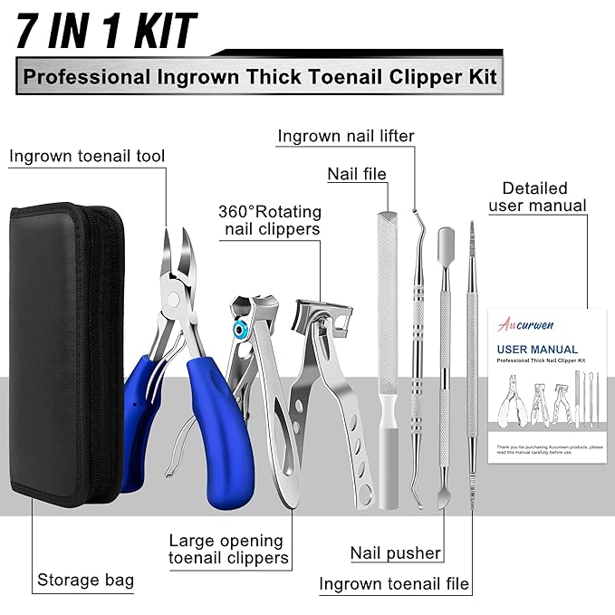 Toenail Clippers for Seniors Thick Toenails, Aucurwen Heavy Duty Toe Nail Clippers Adult Thick Nails Long Handle, Large Toenail Clippers for Thick Nails 7Pcs(Blue)