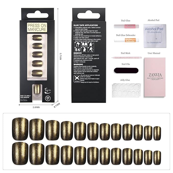 Short Square Press On Nails Gothic - Black And Gold Metallic Glitter Edgy Metallic Shimmer For Women, Perfect For Cosplay, Themed Events, Or Bold Evening Looks, 24 Nails in 12 Sizes