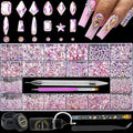 Nail Rhinestones - 4300pcs Crystal Pink AB, Multiple Shape Gems, Flat Back Rhinestones, with Kit and Glue Gel, for Nail Art