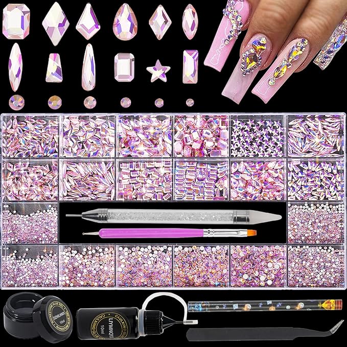 Nail Rhinestones - 4300pcs Crystal Pink AB, Multiple Shape Gems, Flat Back Rhinestones, with Kit and Glue Gel, for Nail Art