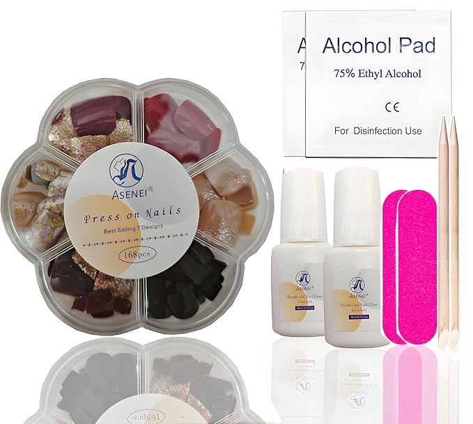 Press on Toenails for Women,Toe Nail Press ons Kit Includes 168pcs Press on Toenails, 7 Designs , 2 Bottles Nail Glue, Nail Pads,Nail Files& Stick, All in 1 Toe Press on nails (toe nail kit)