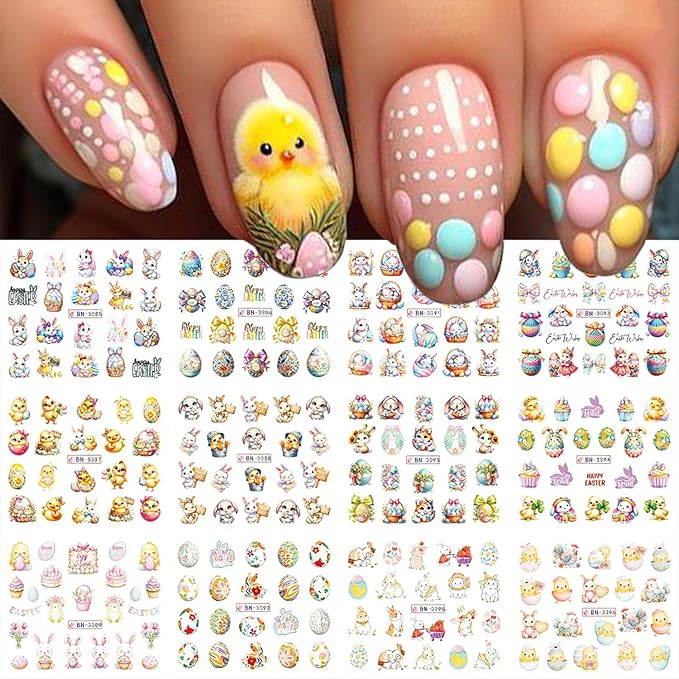 Easter Nail Art Stickers Decals 3D Self-Adhesive Nail Art Accessories Cartoons Bunny Chick Egg Designs Sticker Lovely Easter Rabbit Manicure DIY Nail Decorations 12 Sheets