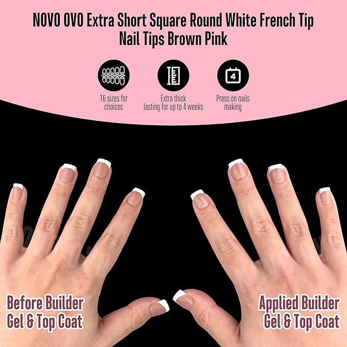 NOVO OVO Extra Short White French Tip Nail Tips, XS XXS Square Round BROWN PINK, for Wide & Short Nail Beds, Thick Full Cover Press on for Women Men, Soft Gel Acrylic Extension kit, 16 Sizes x 224pcs