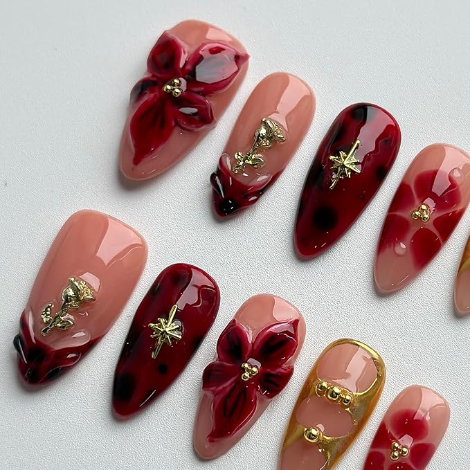 Luxury Press on Nails Medium Almond Handmade 3D Unique Reusable ABS Material Fake Nails French Tip False Nails with Designs Red Floral Glossy Glue on Nail Thick Acrylic Nail(S)