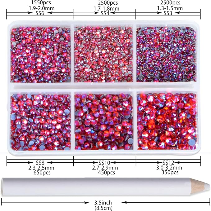 NCB Hotfix Iron on 8000pcs Crystal Rhinestones Round Gem for Crafts Decoration DIY Jewelry Making with a Picking Pen (Siam AB, 6Sizes SS3-SS12)