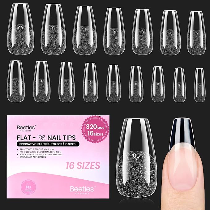 Beetles Gel Nail Tips Flat-X - Coffin Medium, 320pcs 16 Sizes, Pre-Etched Half Matte Full Cover Soft Acrylic Press on False Nail Extension Tips Easy DIY Salon Art for Flat & Natural Nail Beds