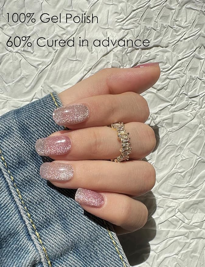 Semi Cured Gel Nail Strips, Nude Cat Eye Gradient 20pcs UV Gel Nails Sticker, Nail Wraps UV for Home Nails DIY