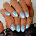 Cat Eye Press on Nails Short, Chrome Press on Nails Oval, Thick Glazed Pastel Light Blue Fake Nails Press ons for Women, Reusable Magnet Bling Glitter Glue On Nails Almond in 15 Sizes, 30 Pcs