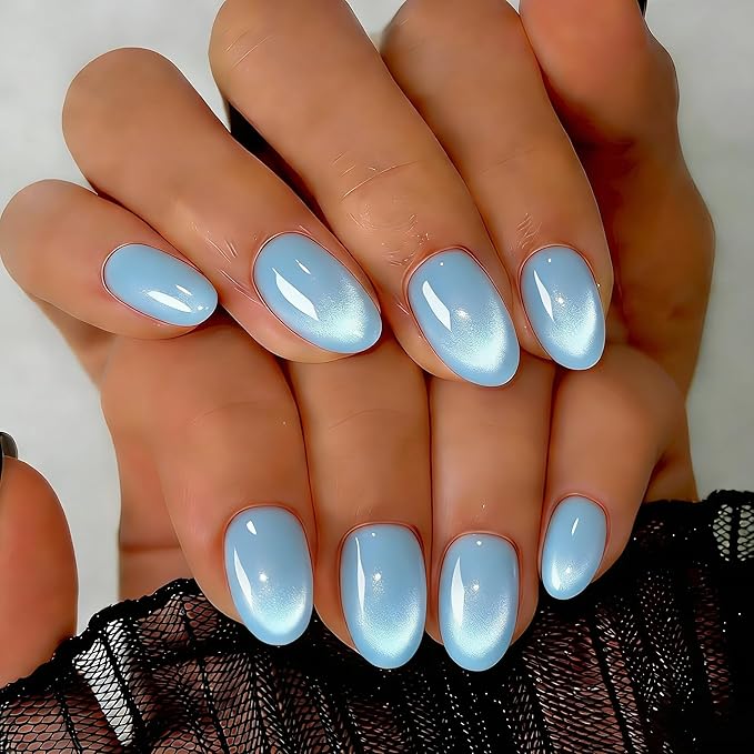 Cat Eye Press on Nails Short, Chrome Press on Nails Oval, Thick Glazed Pastel Light Blue Fake Nails Press ons for Women, Reusable Magnet Bling Glitter Glue On Nails Almond in 15 Sizes, 30 Pcs