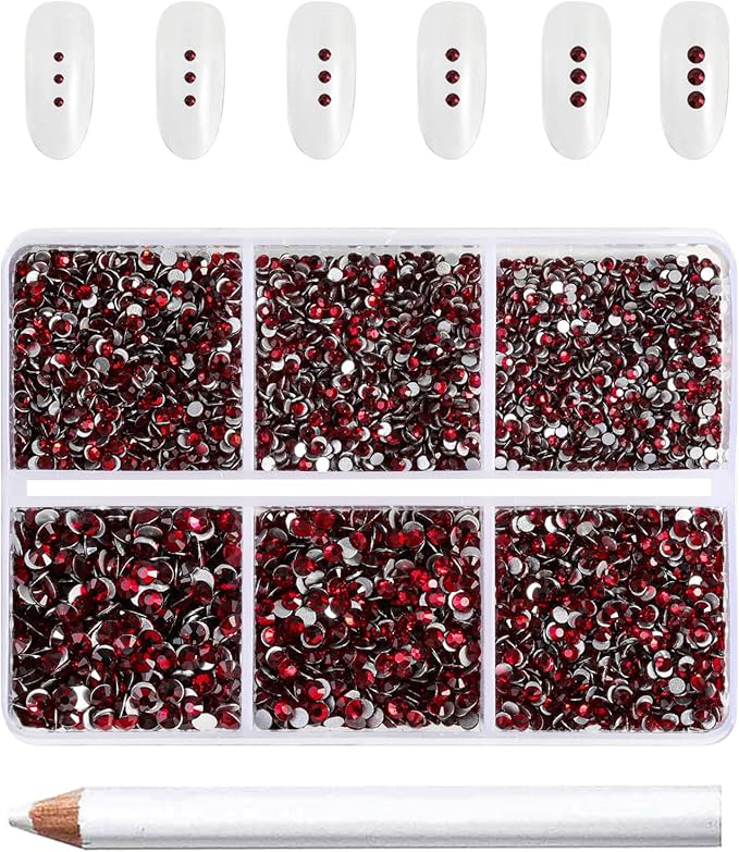 Beadsland 7200pcs Flatback Rhinestones,Dark Red Rhinestone Nail Gems Round Crystal Rhinestones for Crafts,Mixed 6 Sizes with Wax Pencil Kit, SS3-SS10,Dark Siam