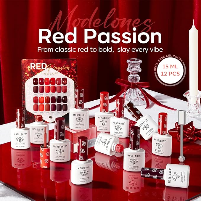 modelones 12Pcs 15ML Red Gel Nail Polish Set, Same Bottle Same Bottle Burgundy Cherry Dark Red Cat Eye Glitter Color Changing Hema Free Gel Polish Kit with Magnet Soak Off Manicure Nail Art DIY