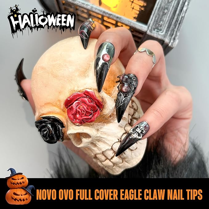 NOVO OVO Halloween Black Nail Tips Curved Stiletto, Full Cover Gel x Extension kit for 3D Eagle Claw nails, Extra Thick Hawk Deep Curve Almond French Tips Soft False Fake Acrylic Nail 12 Size 120pc