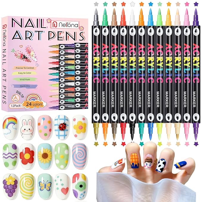24 Colors Nail Art Pens Dual tips 3D Nail Polish Pens Set 0.7mm Quick-Drying Acrylic Paint Markers Dotting Liner Drawing Pen Manicure Tools Set for Nail Design, DIY Home Salon Manicure Tools