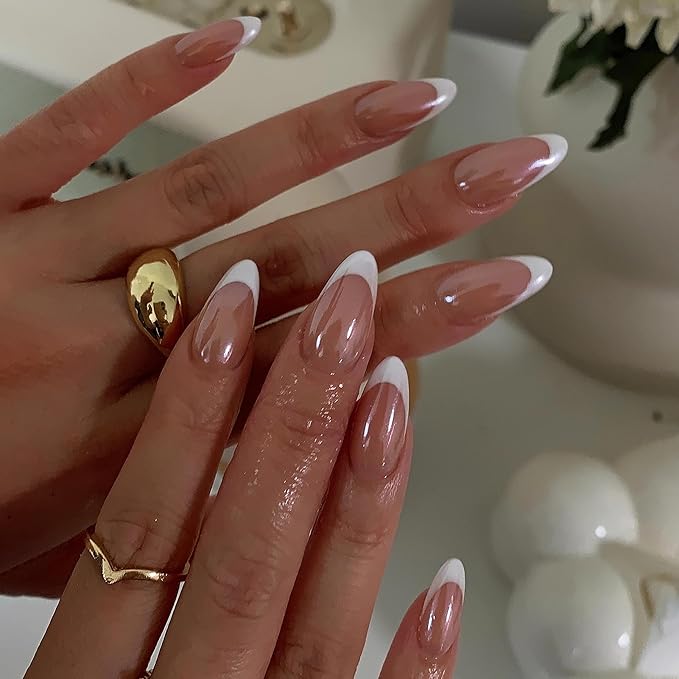 Pearlescent Press on Nails Medium, Glazed Nude with White French Fake Nails Almond Chrome Acrylic Press Ons for Women, Natural Fit Full Cover Glue on Nails in 15 Sizes - 30 Pieces Nail Kit