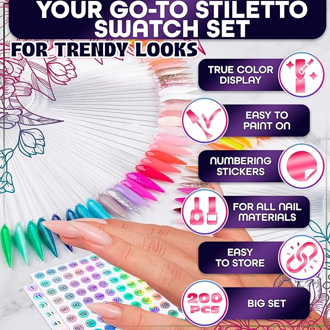200 Pcs Nail Swatch Sticks Stiletto – Polish Color Swatches with 4 Metal Rings & Numbering Stickers – True Color Visibility, Easy Layer Control | Works with Art Decals and Nail Art Striping Tape Lines