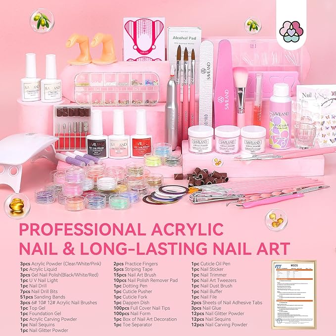 Saviland Professional Nail Kit with Drill: Beginner's Acrylic Set with Nail Cutters and Clipper