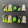 Handmade Press on Nails Medium Duck Nails with Glue,Black and Green Fake Nails with Star Rhinestone Design Reusable Acrylic Nature Stick on Nail Y2K False Nails for Wome (Size M)