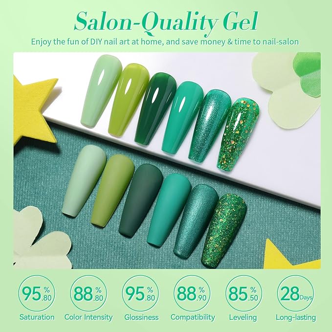 Born Pretty Green Gel Nail Polish, Spring Summer Carnival Evergreen Gel Nail Polish Set, Glitter Green Sparkle Gel Polish Nail Art Varnish Manicure Collection St. Patrick's Day 6PCS