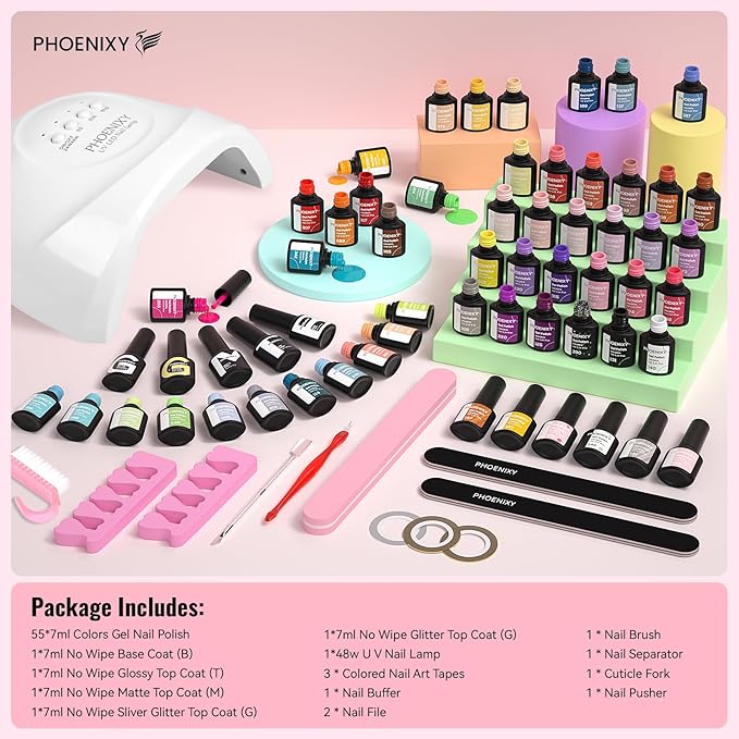 PHOENIXY 71 Pcs Gel Nail Polish Kit with U V Light, 60 Pcs Gel Nail Kit for Beginners with Everything 5 Pcs Base Top Coat Manicure Starter Nail Polish Set Valentine Gifts for Women