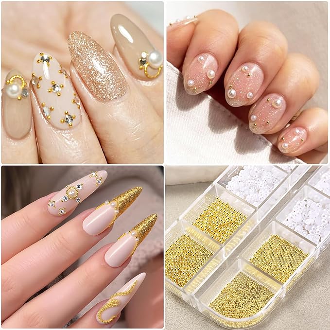 Nail Gems and Rhinestones Kit, White Nail Pearls Flatback Rhinestones Bedazzling Diamond Rainbow Crystal Jewels,Gold Beads for Nails, Nail Art Accessories Decoration with Picker Tools