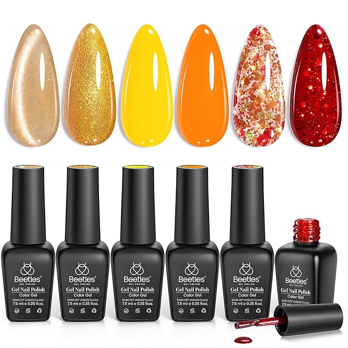 beetles Glitter Gel Polish Set - Daring Glow Collection, Gold Cat Eye Gel Colors Red Gold Glitter Shimmer Yellow Orange Nails Art Soak off Uv LED Manicure Nail Trend Gift for Women