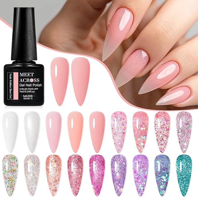 MEET ACROSS Gel Nail Polish Set White Pink Rubber Base Gel Polish + Glitter Gel Nail Polish Pink Purple Sparkly Sequins Nail Polish Manicure Kit 18 Colors