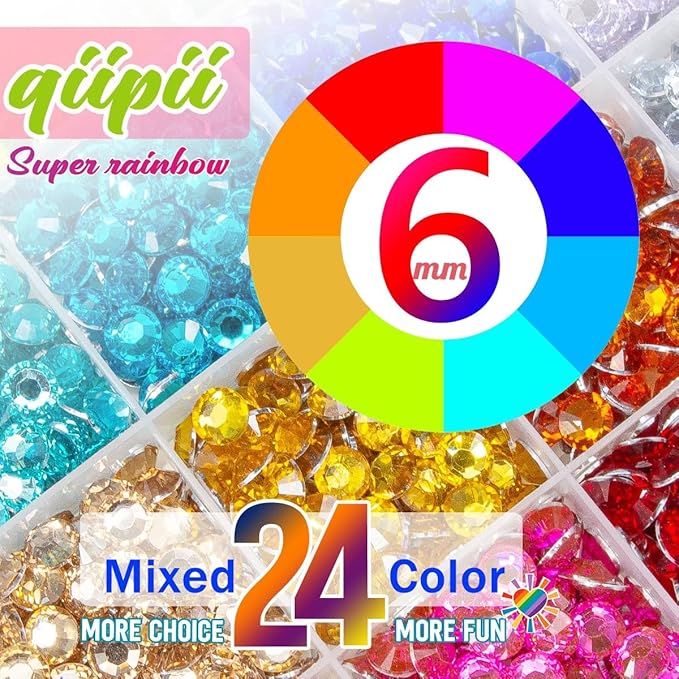 24 Color 6mm Crystal Resin Rhinestones w B7000 Jewelry Glue for Bedazzling Crafting SS30 Colorful Rainbow Big Flatback Stones Gems Diamonds Crystals for Tumblers Crafts Nails Face Eyes Makeup
