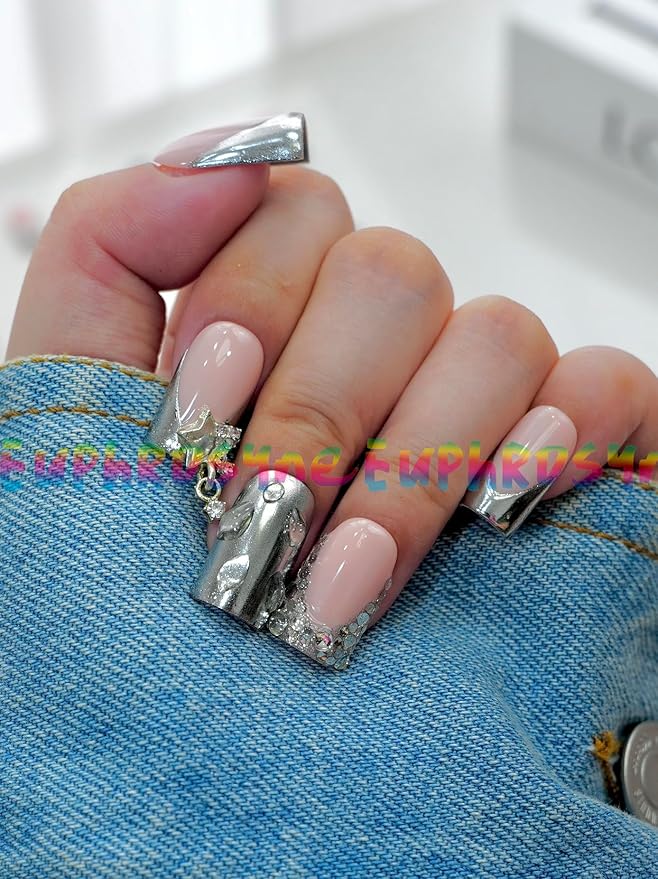 10PCS Nude Pink and Chrome Silver Press On Nails – Short Coffin Fake Nails with Rhinestones, Chain Accents & Mirror Metallic Tips, Reusable Luxury Nails for Women and Girls – Euphrosyne