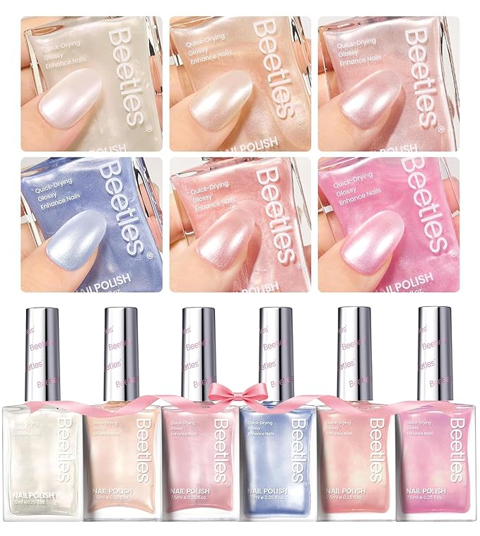 Beetles Pearl Nail Polish Set 6 Colors 15 ML Quick-drying Shimmer Glitter Pearl White Pink Blue Mermaid Nail Polish Kit, Spring Pastel Iridescent DIY Manicure Gift for Women