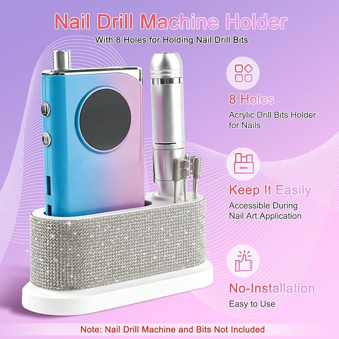 ANGNYA Nail Drill Machine Holder with White Rhinestones, 8 Holes Nail Drill Bit Holder, Nail Efile Stand and Organizer Storage Box Case
