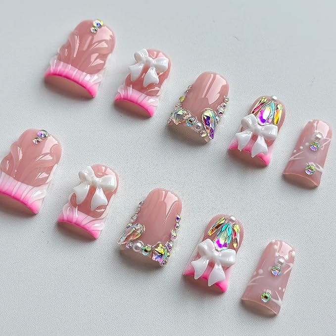Luxury Press on Nails Short Duck Handmade 3D Unique Reusable ABS Material Fake Nails Pink French Tip False Nails with Designs Bow Rhinestones Glossy Glue on Nail Thick Acrylic Nail(S)