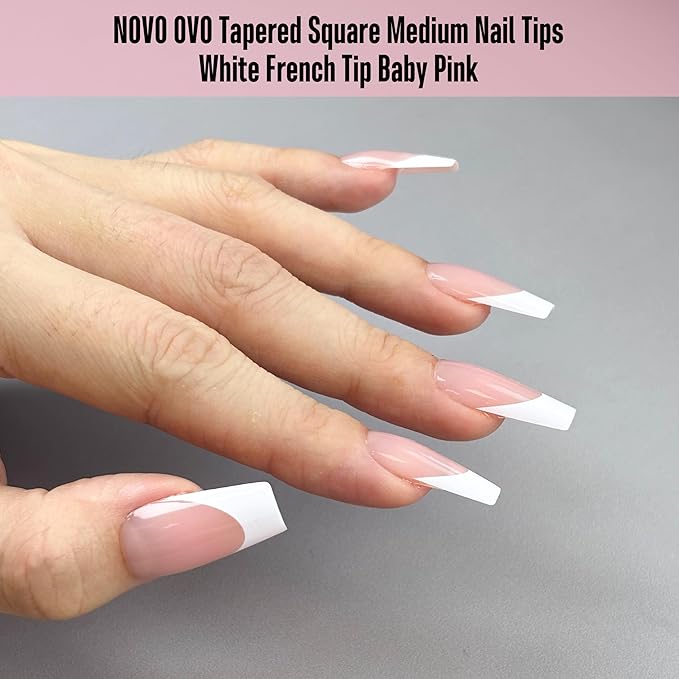 NOVO OVO White French Tip Medium Coffin Nail Tips Press on, BABY PINK, Extra Thick Soft Gel Fake Nail Acrylic Extension, Need Builder Gel Top Coat, No Glue Included, for Salon DIY 15 Sizes x 240 pcs
