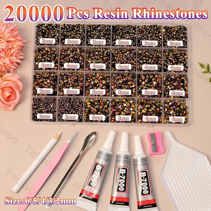 20000Pcs Gold Black Flatback Resin Rhinestones for Bedazzling, Mix Sizes 2-6mm Crystal Rhinestones Gems, Black Gold Gems Bedazzling for Crafting for DIY Face Makeup Crafts Tumblers