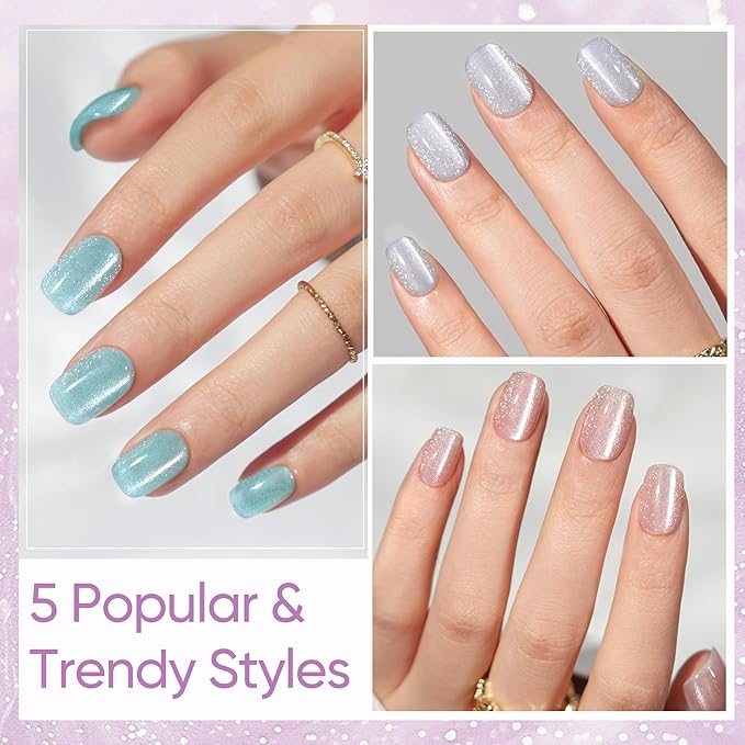 Valentines Press on Nails Short 5 Styles, Jofay Fashion 160Pcs Cat Eye Press on Nails for Women, Reusable Opaque Gel Fake Nails, Square Glue On Nails Kit in 16 Sizes, Bubbles