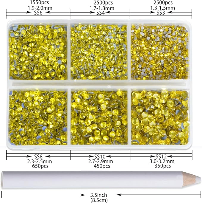 NCB Hotfix Iron on 8000pcs Crystal Rhinestones Round Gem for Crafts Decoration DIY Jewelry Making with a Picking Pen (Citrine, 6Sizes SS3-SS12)